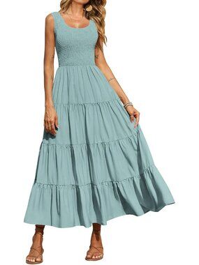 Women Dress Maxi Aqua Green Polyester Scoop Neck Short Vacation Casual Summer